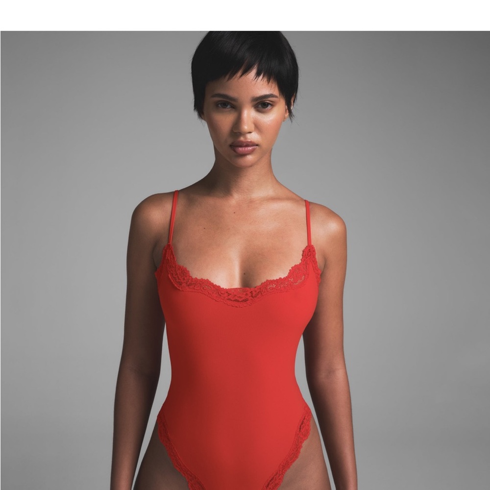 SKIMS Red Lace Trim Bodysuit